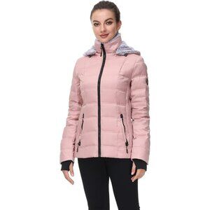 🆕 Women Pink Down Puffer Jacket Warm Winter Coat Faux-Fur Collar Hooded Comfort